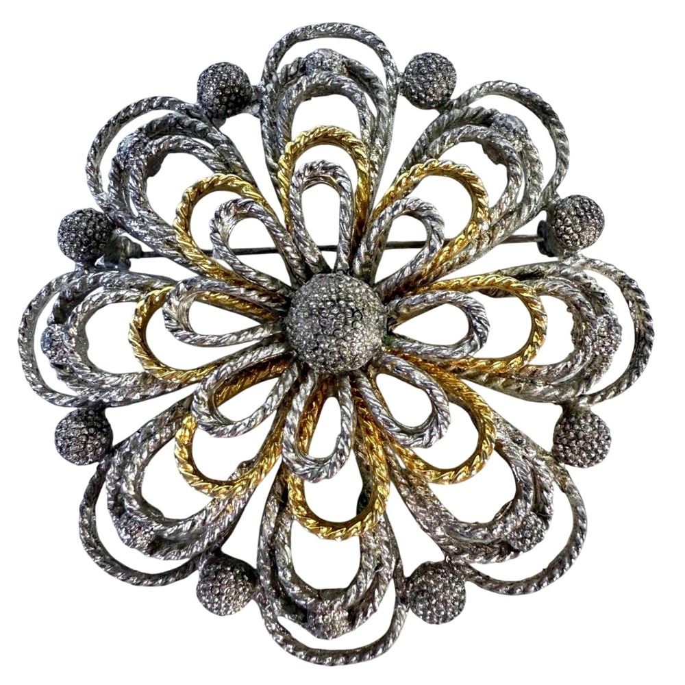 Vintage Mixed Metal Layered Floral Brooch Textured Silver Gold Tone Statement